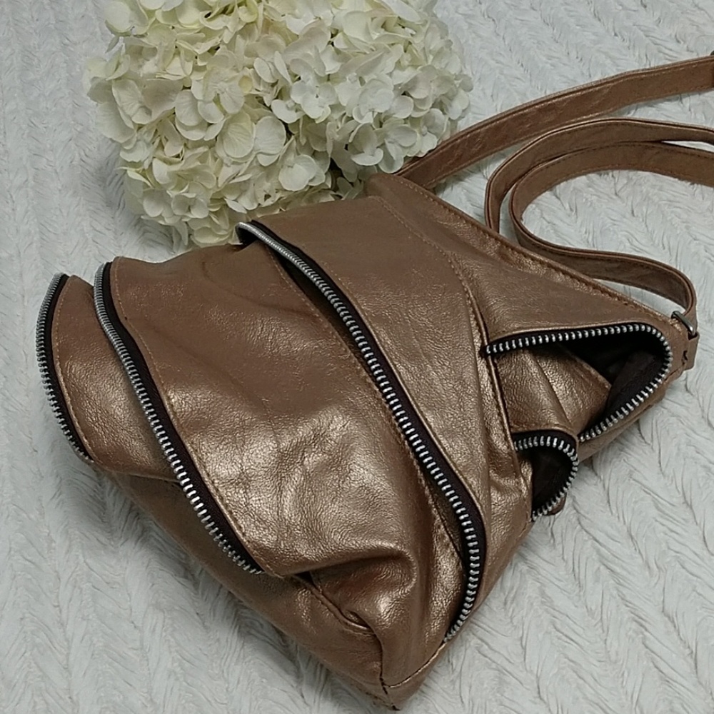 Unique Edgy Punk Bag Crossbody Purse Layered Deco Zippers Ruffle Boho Mod Bronze